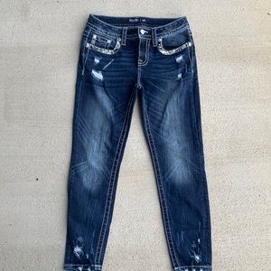 Miss Me Jeans, mid-rise, ankle skinny.  Dark wash, distressed.  Size 28